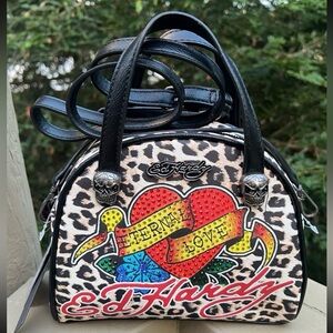 Ed Hardy Leopard Bling Eternal Love Small Bowler Handbag